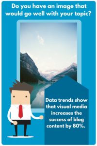 cartoon businessman besides an image of a mountain landscape explaining data trends show content performance increases by 80% when images are included